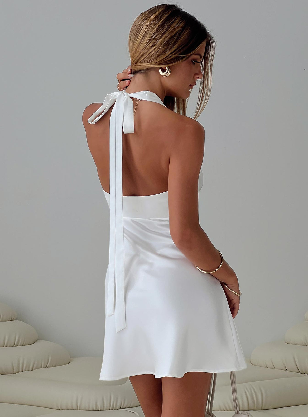 Pelagia Halter Scarf Tie Mini Dress White
