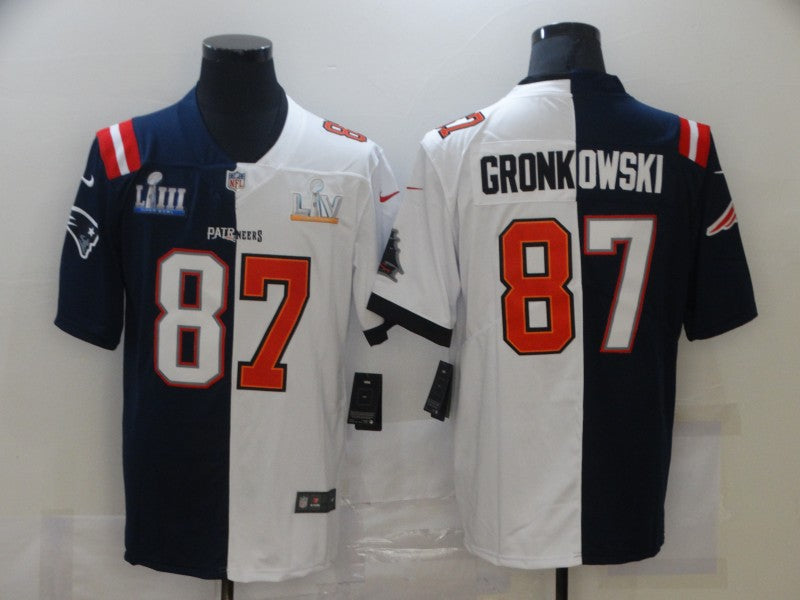 Men’s Tampa Bay Buccaneers Mix New England Patriots #87 Rob Gronkowski Navy White Super Bowl LV Champions Nike Split Vapor Limited Jersey